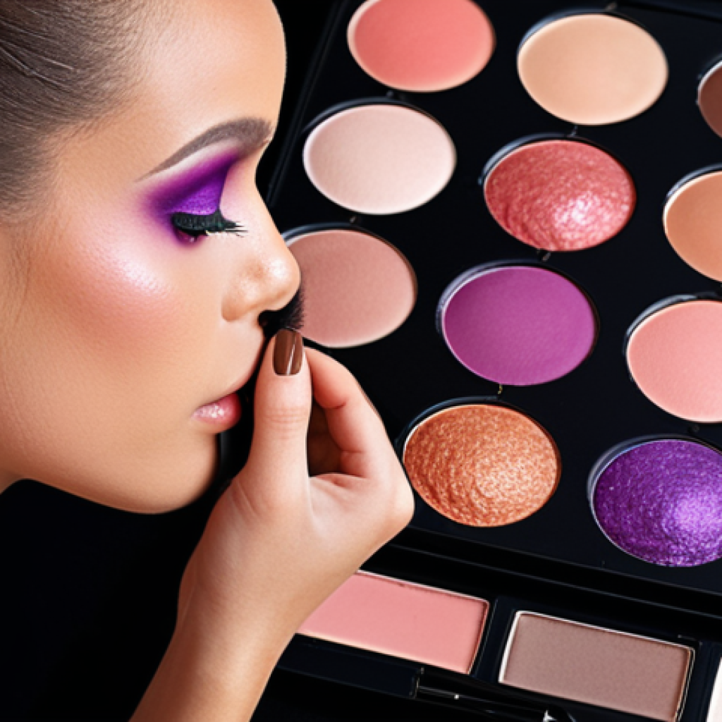 **Custom Color Palette Creation:** A makeup artist selecting personalized eyeshadows for a client, considering skin tone and style. Close-up on various makeup palettes with coral, brown, pink, and purple hues.