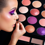 **Custom Color Palette Creation:** A makeup artist selecting personalized eyeshadows for a client, considering skin tone and style. Close-up on various makeup palettes with coral, brown, pink, and purple hues.