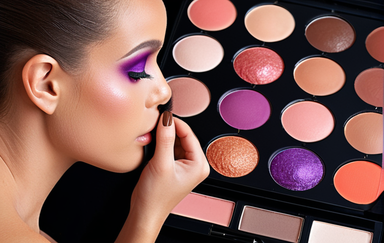 **Custom Color Palette Creation:** A makeup artist selecting personalized eyeshadows for a client, considering skin tone and style. Close-up on various makeup palettes with coral, brown, pink, and purple hues.