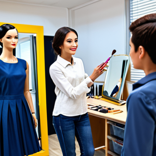 Makeup Academy in Session**

"A bright and modern makeup academy classroom, students fully clothed in casual but professional attire are attentively practicing makeup application on mannequins and each other, instructor providing guidance, safe for work, appropriate content, perfect anatomy, natural proportions, well-lit, family-friendly learning environment, high-quality render, professional setting, modest attire."

**