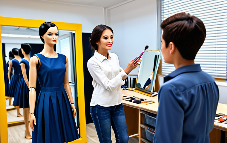 Makeup Academy in Session**
"A bright and modern makeup academy classroom, students fully clothed in casual but professional attire are attentively practicing makeup application on mannequins and each other, instructor providing guidance, safe for work, appropriate content, perfect anatomy, natural proportions, well-lit, family-friendly learning environment, high-quality render, professional setting, modest attire."
**