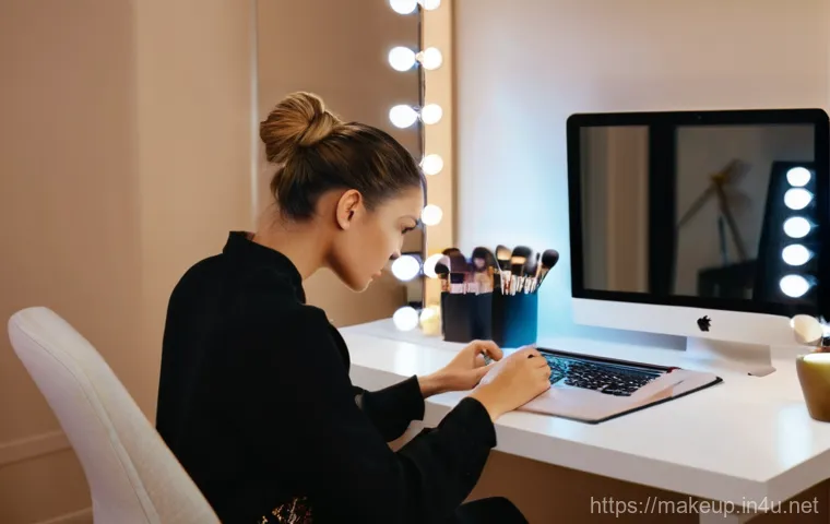 메이크업아티스트 개인 스튜디오 운영법 - A warm and inviting personal makeup studio, featuring soft, natural lighting filtering through a win...