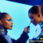메이크업아티스트와 스타일리스트 협업 사례 - A dynamic runway fashion show scene featuring a makeup artist and stylist collaborating closely back...