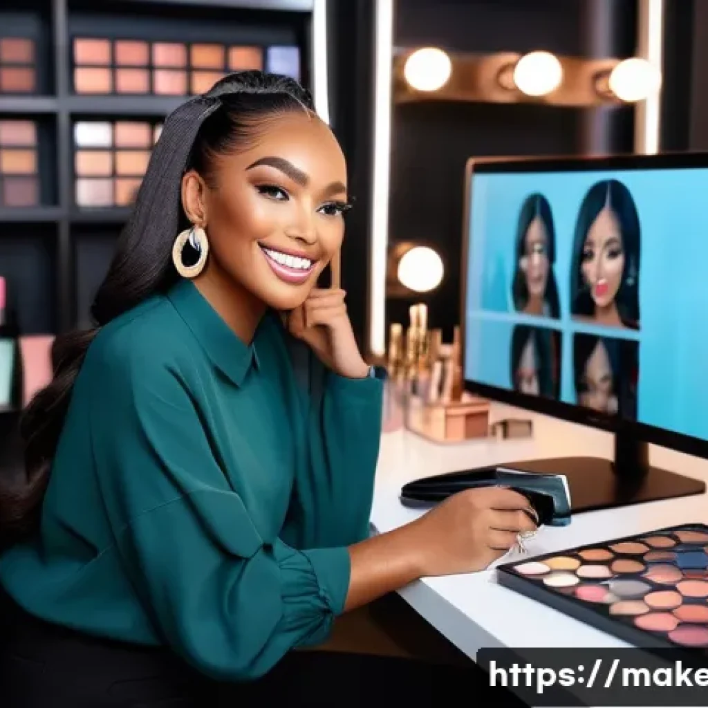 메이크업아티스트 추가 수입 창출 방법 - A professional makeup artist in a modern studio setting, actively engaging with a diverse online aud...