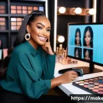 메이크업아티스트 추가 수입 창출 방법 - A professional makeup artist in a modern studio setting, actively engaging with a diverse online aud...