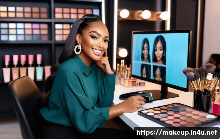 메이크업아티스트 추가 수입 창출 방법 - A professional makeup artist in a modern studio setting, actively engaging with a diverse online aud...