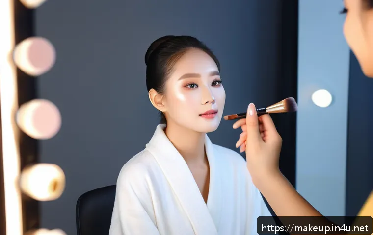 메이크업아티스트 실무에서 필요한 스킬 - A professional makeup artist delicately applying a lightweight foundation with a soft makeup sponge ...