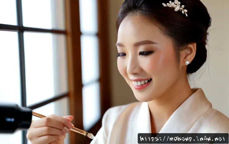 메이크업아티스트가 추천하는 웨딩 메이크업 스타일 - Photorealistic elegant bridal beauty portrait, a professional makeup artist gently applying soft cha...